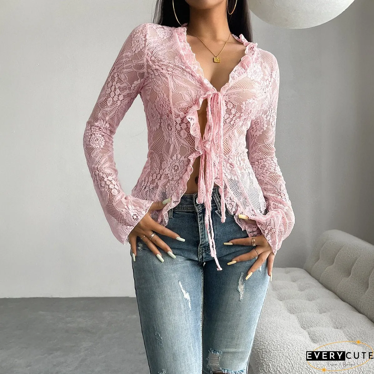 Women's Sexy Slim Long Sleeve Lace Blouses