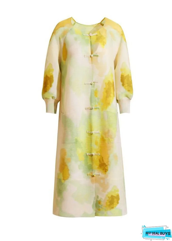 Yellow Print Long Dresses Chinese Button Side Open Summer