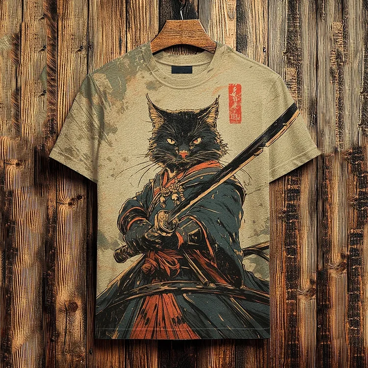 Men's Black Cat Samurai Japanese Art Print Casual T-shirt