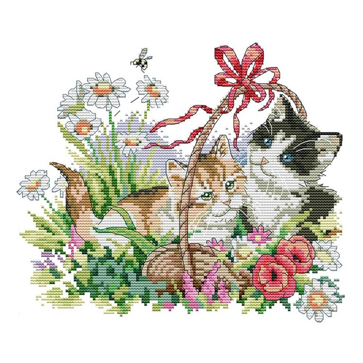 Joy Sunday - Spring Kitties - 14CT 2 Strands Threads Printed Cross Stitch Kit - 30x26cm(Canvas)