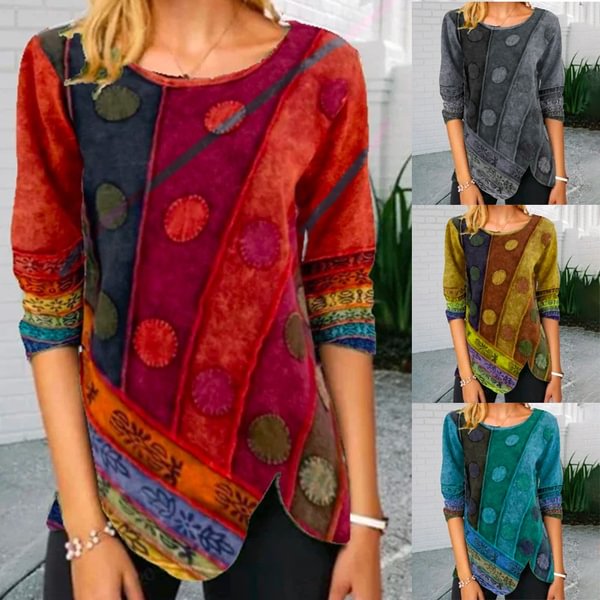 Women's Fashion Autumn and Spring Printed Long-sleeved Round Neck Casual T-shirt Loose Plus Size Irregular Hem Top - Shop Trendy Women's Clothing | LoverChic