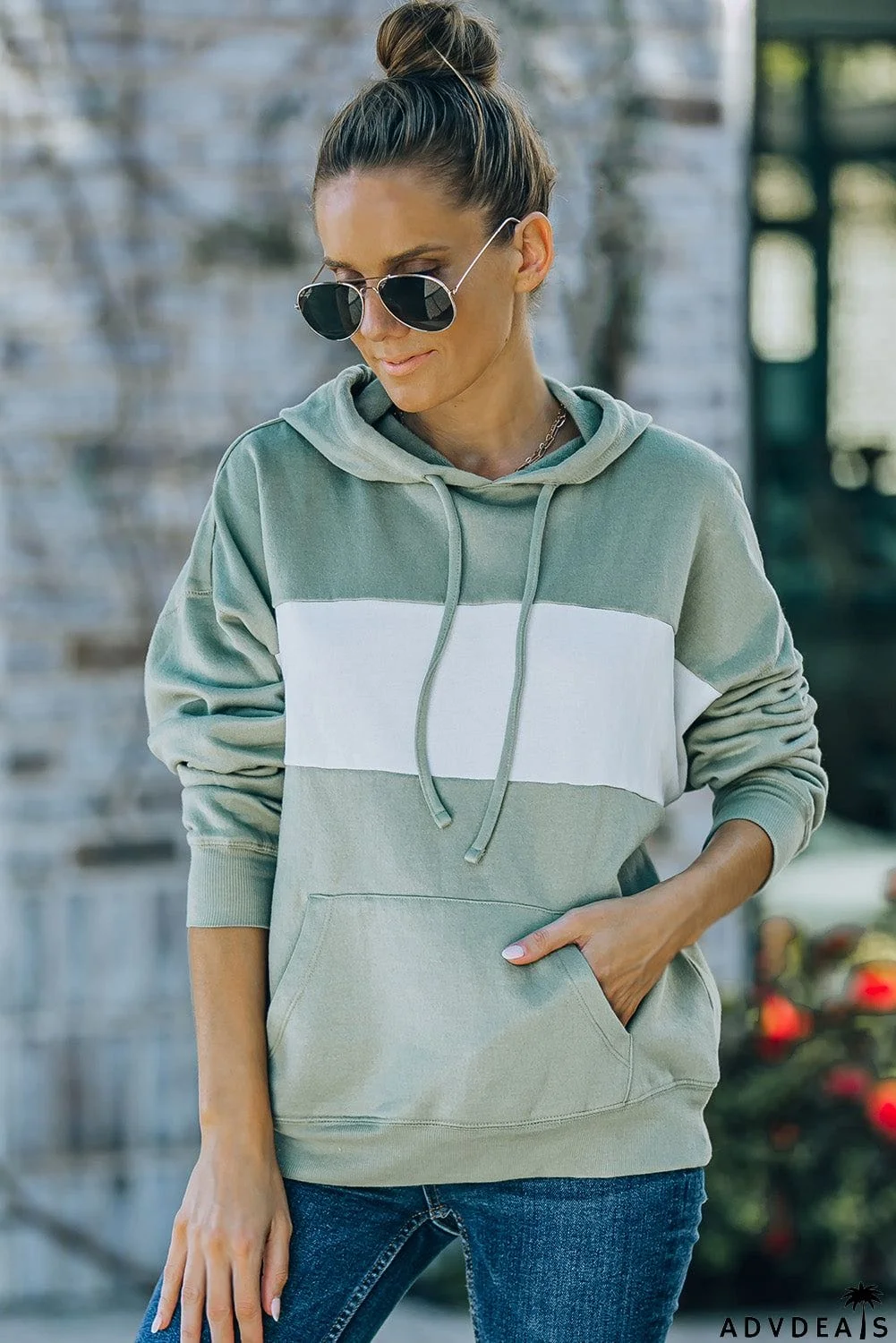Contrast Wide Band Front Drawstring Hoodie