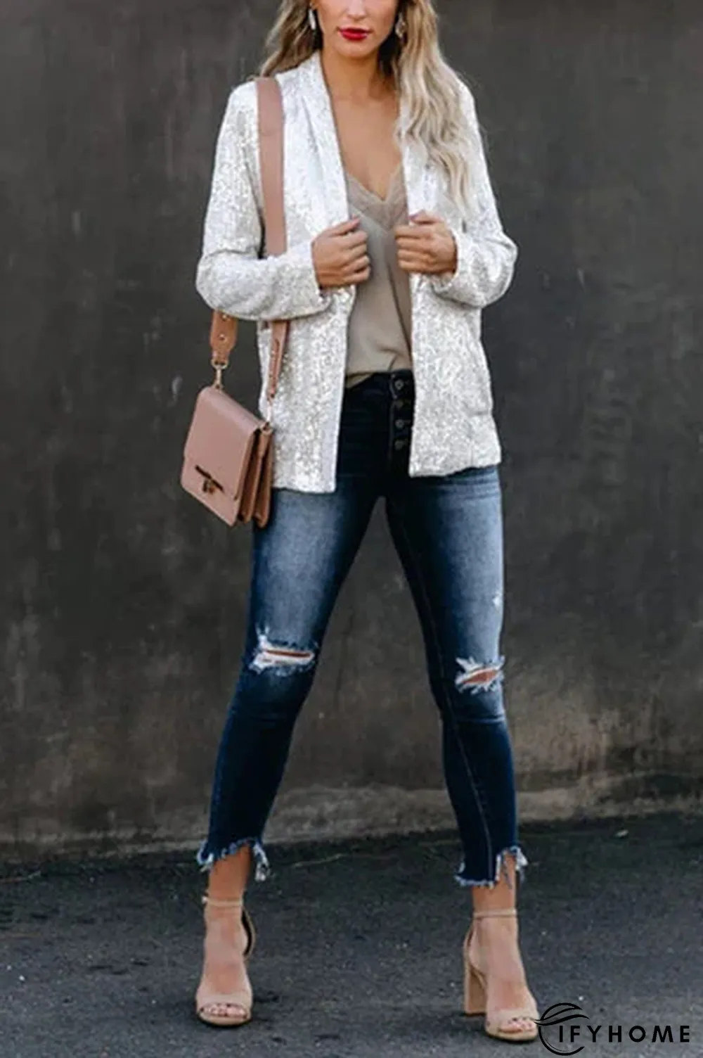 Street Patchwork Sequins Cardigan Collar Outerwear | IFYHOME