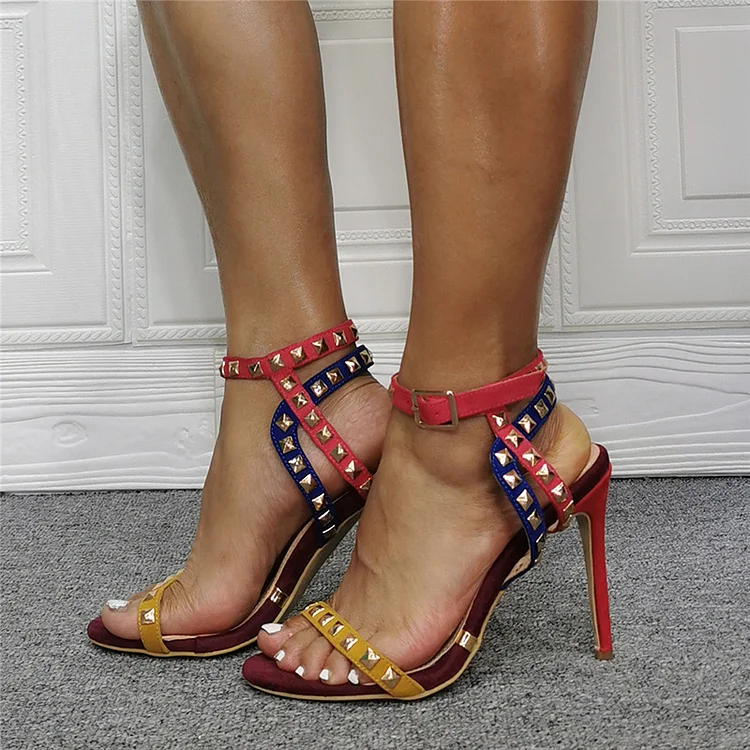 Women's Rivets Shoes Open Toe Stiletto Heels Ankle Strap Sandals |FSJ Shoes