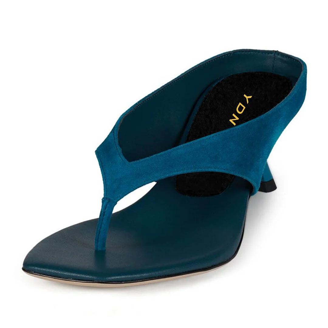 Blue Vegan Suede Patchwork Flip Flop Open Toe Spool Heeled Mules
