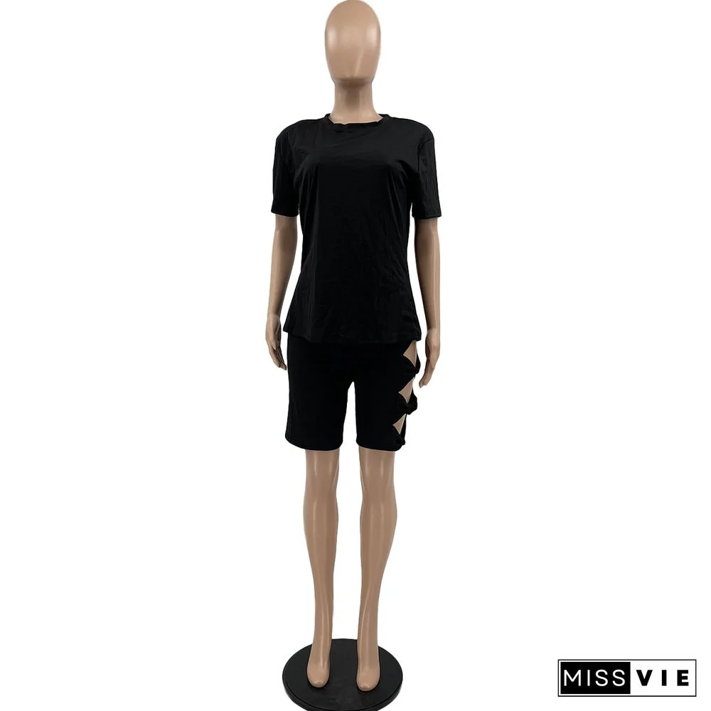 Fashing Solid Women Clothing Round Neck Short Sleeve T Shirt Bodycon Hole Biker Shorts Two Piece Outfit
