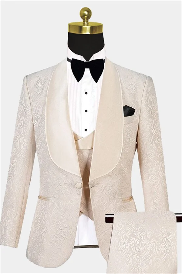 Bellasprom White Three Pieces Jacquare Shawl Lapel Wedding Suit
