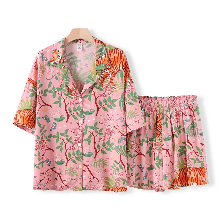 Women's New trends Print Comfortable Lapel Cotton Satin Sleepwear Sets