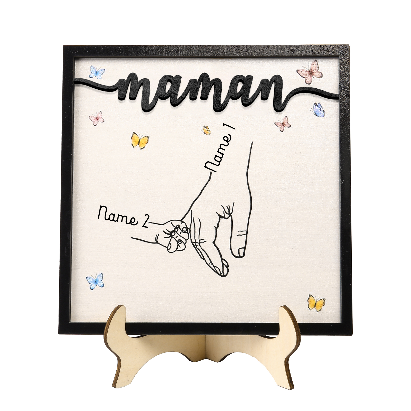 À ma Maman - Décoration en bois la Main dans la Main 2 Prénoms Personnalisés Ornement Famille
