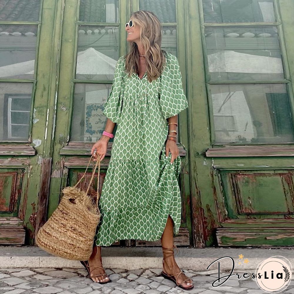 Lantern Sleeve Printing Long Dresses Women Summer Fashion V Neck Ankle-length Geometric Collage Dress Loose Boho Beach Dresses