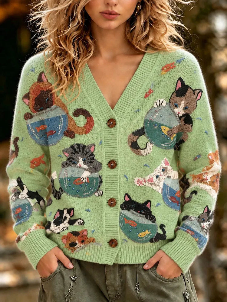 Comstylish Women's Vintage Drinking Cat Art Jacquard Casual Cardigan Sweater