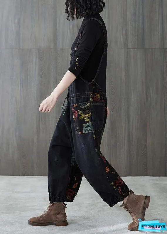 Vivid Denim Black Casual Pants Loose Spring Jumpsuit Pants
