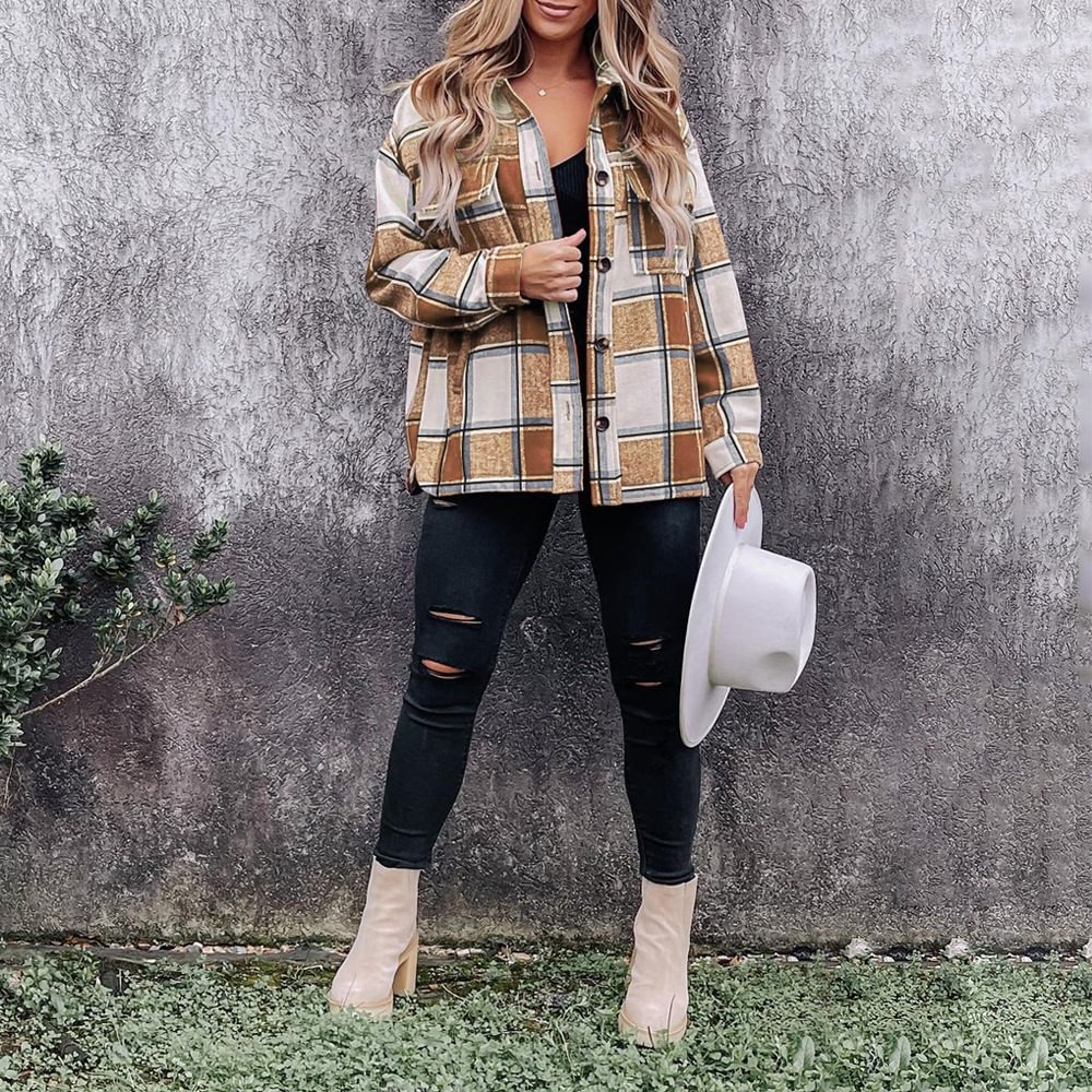 Plaid Sleeve Shirt Versatile Casual Cardigan Coat Blouses