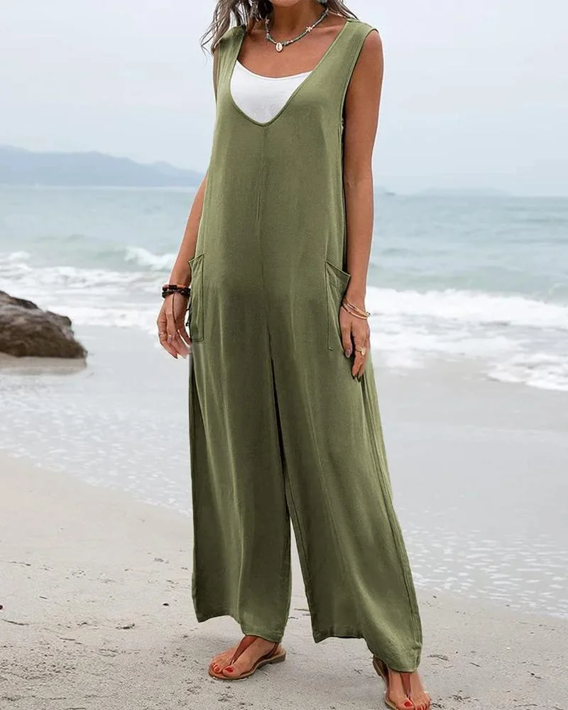 2023 Summer Women's Jumpsuit Fashion Solid Sleeveless Pocket Design Wide Leg Casual V-Neck Strap Jumpsuit
