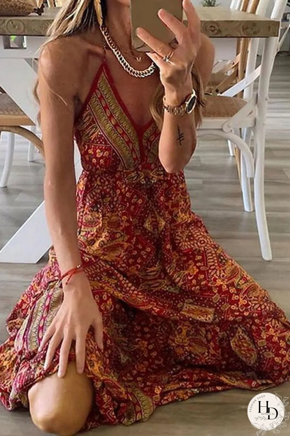 Bohemian V-Neck Sling Maxi Dress