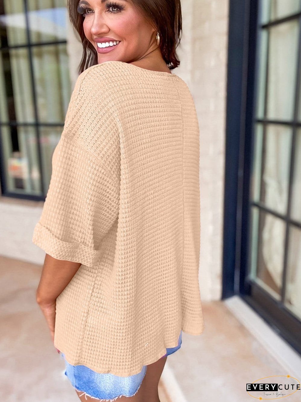 Parchment Waffle Knit V-Neck Casual Top with Split Neck