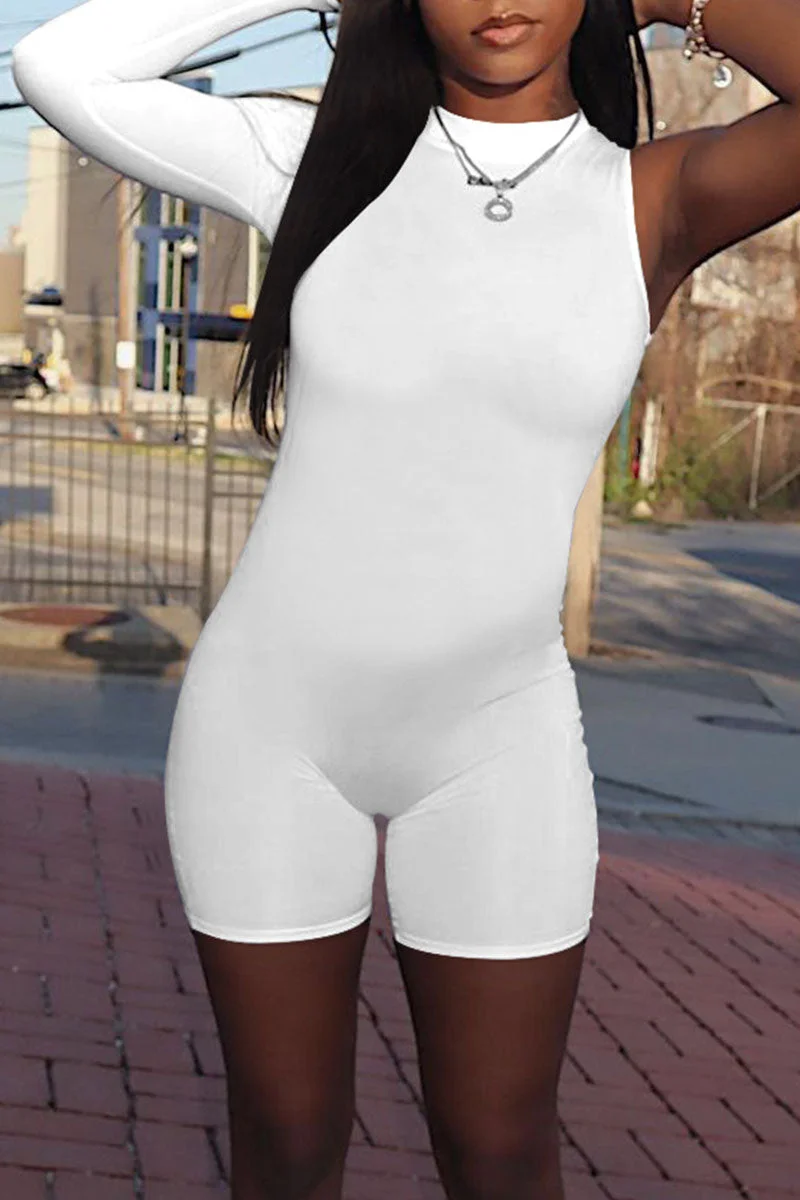 Sexy Sportswear Solid Patchwork Asymmetrical O Neck Skinny Jumpsuits