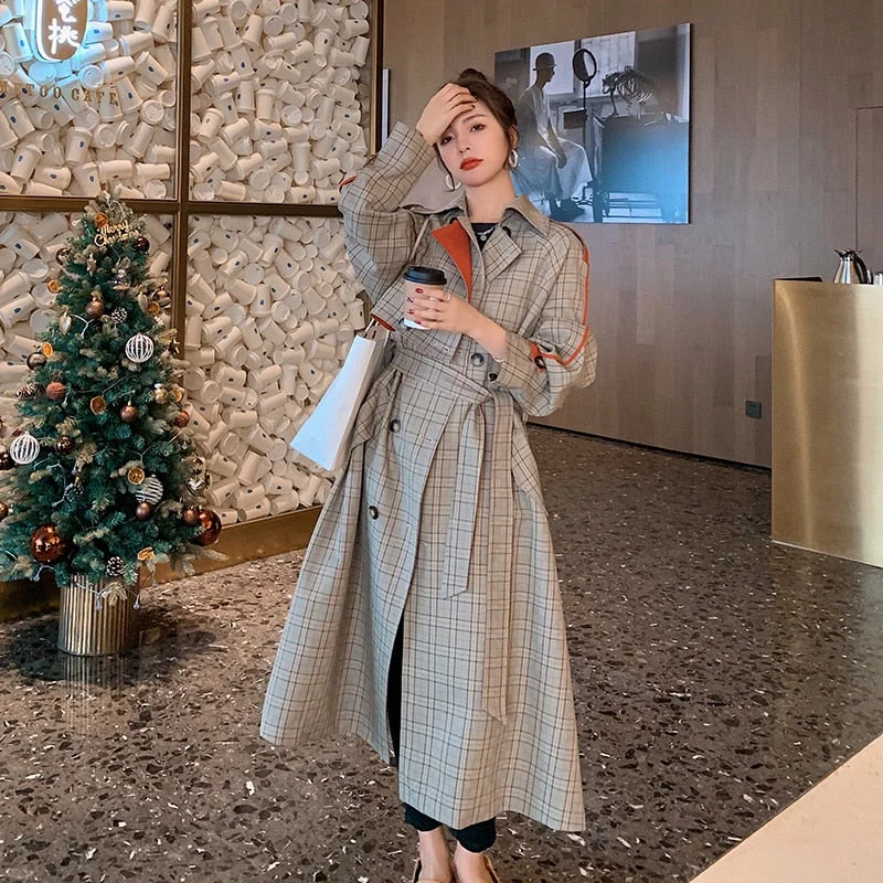 Brand New Plaid Trench Coat Women Long Double-Breasted Loose Oversize Duster Coat Windbreaker for Lady Female Outerwear Clothes