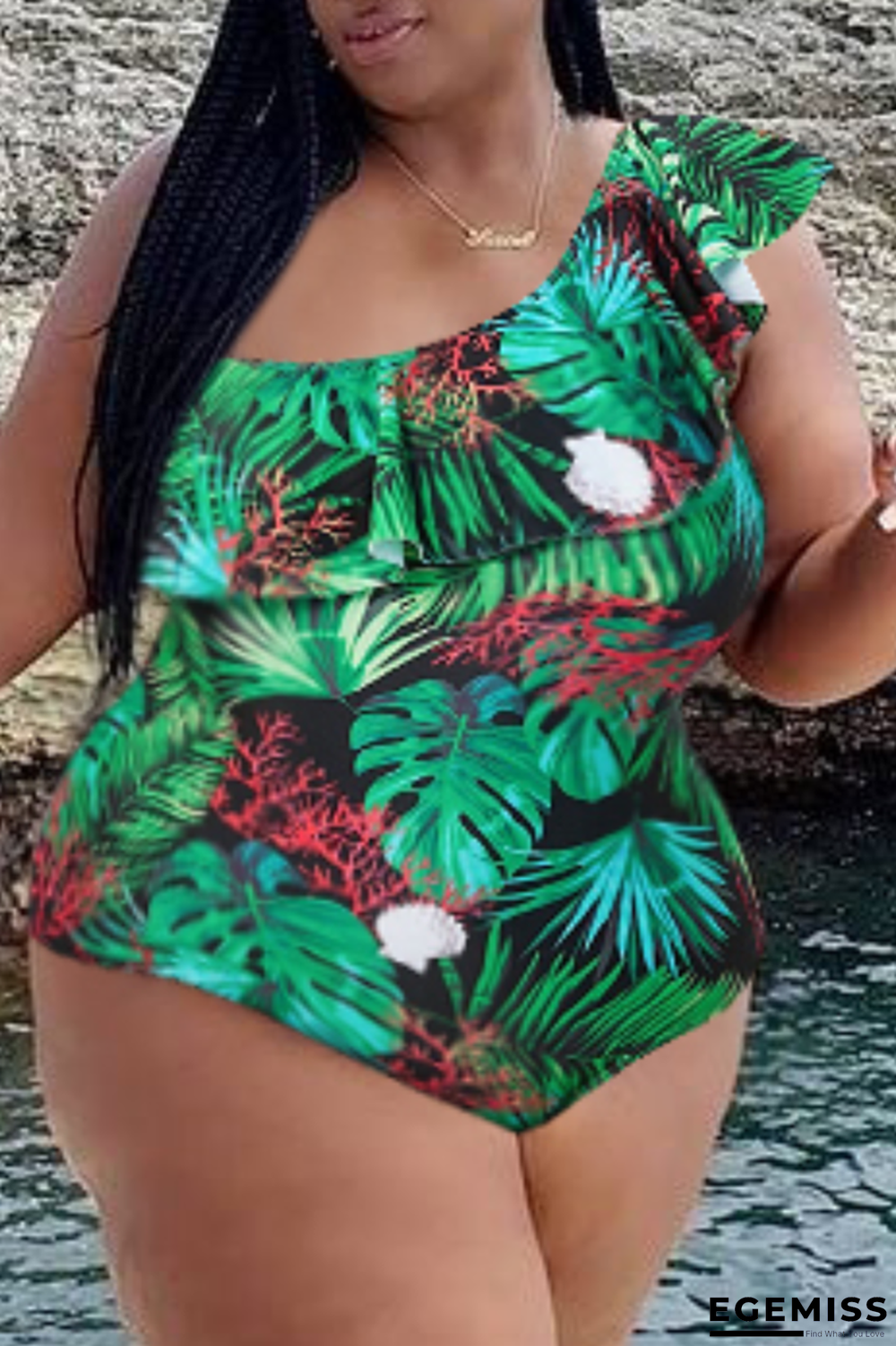 Green Fashion Sexy Print Backless One Shoulder Plus Size Swimwear (With Paddings) | EGEMISS