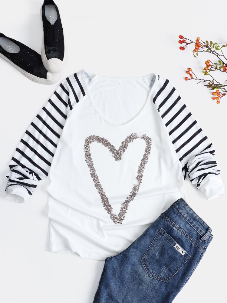 Heart Print Striped Patchwork V neck Raglan Sleeve T shirt P1797829