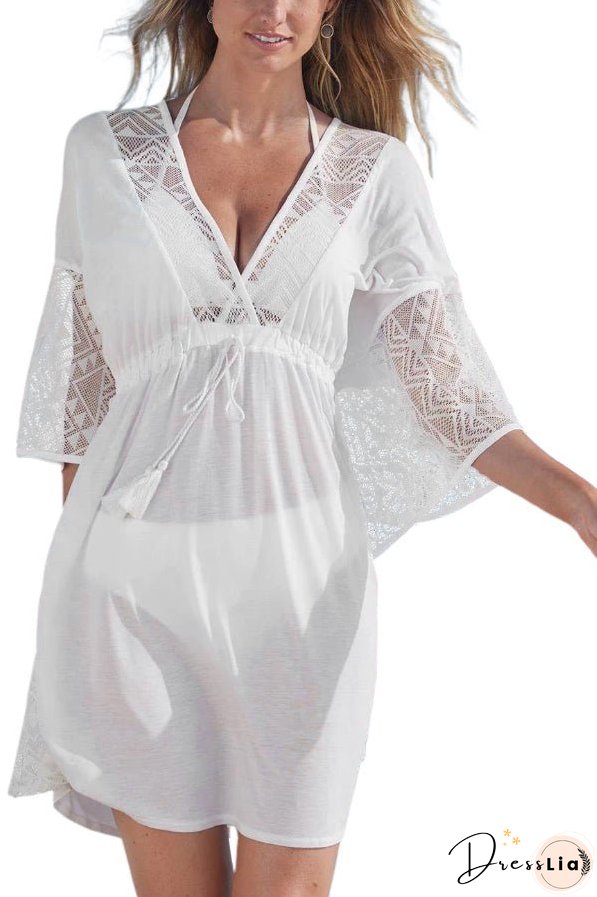 White Lace Patch Kimono Sleeve Tassel Drawstring Beach Cover Up