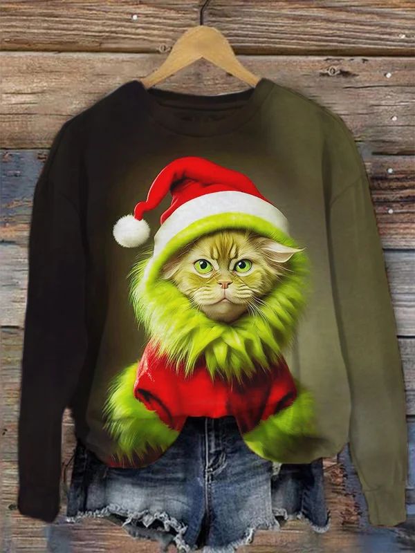 Women's Fluffy Cat With Christmas Hat Clothes Print Sweatshirt