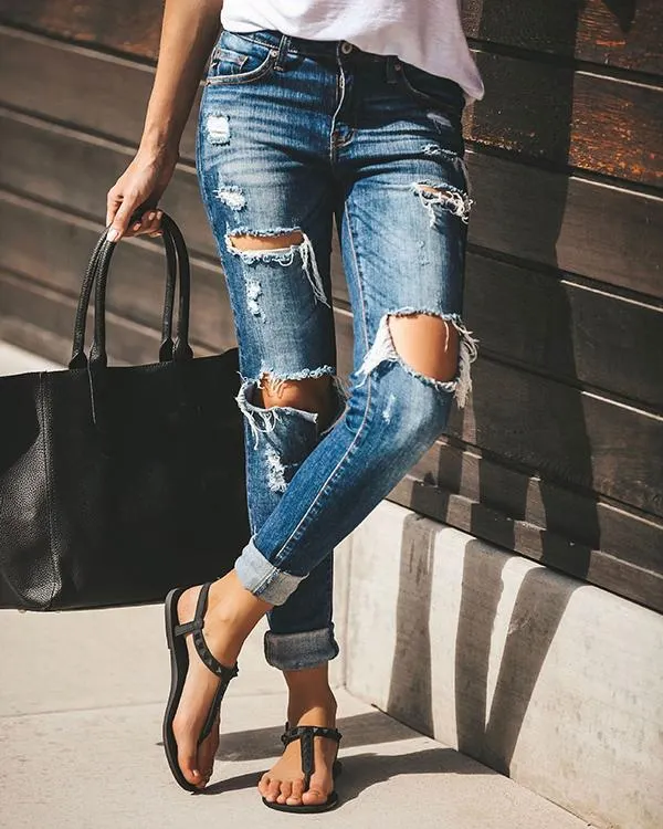 Blue Casual Denim Pockets Pants