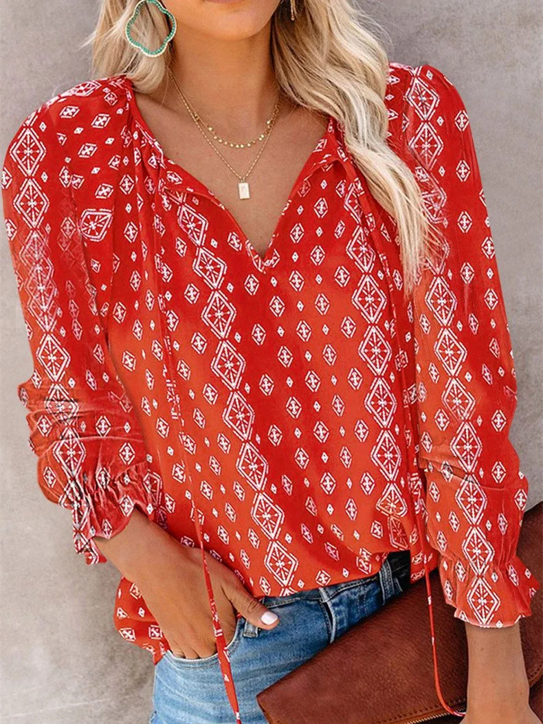 Women Long Sleeve V-neck Floral Printed Polka Dot Top
