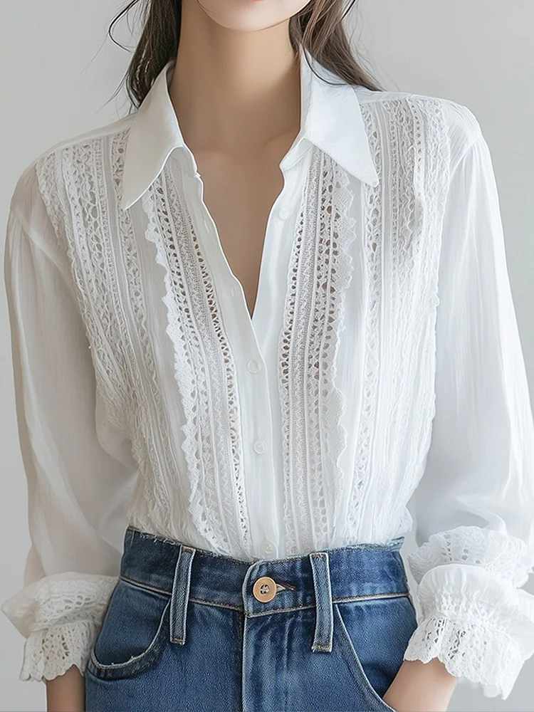 White Casual Cotton Lace Hollow Long Sleeve Shirt
