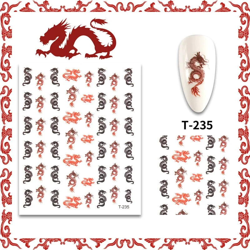 New 3D Nail Art Stickers Decals Red Black Dragons Design Colorful Adhesive Stickers Nail Art Decoration-Nail Inspo