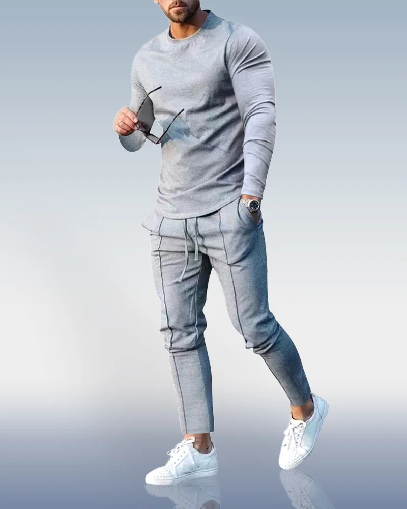Men's Light Grey Crew Neck Casual Sports Suit