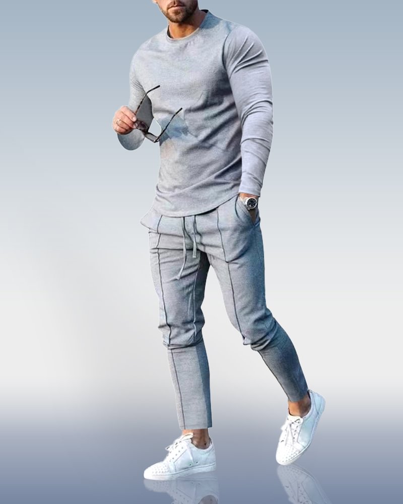 Men's Light Grey Crew Neck Casual Sports Suit