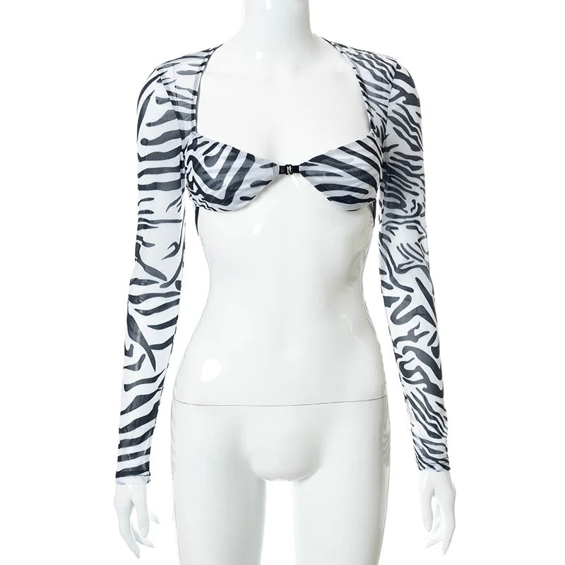 Sexy Crop Top Zebra Print Y2k Fashion Mesh See-Through Tops