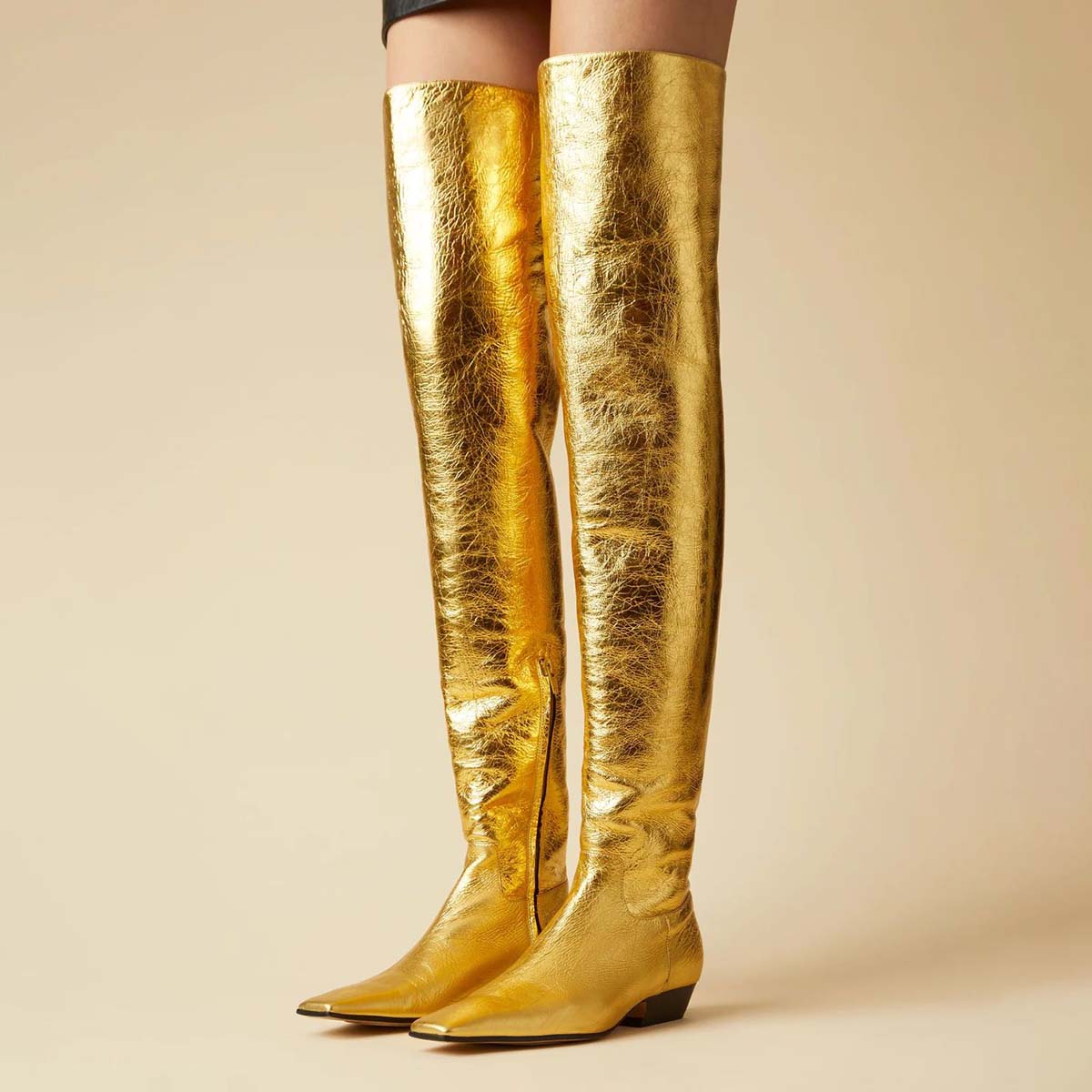 Gold Metallic Square Toe Low Heel Thigh-High Dress Boots for Women Nicepairs