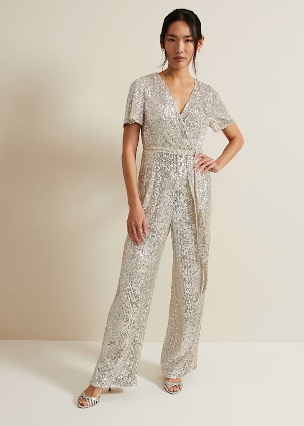 Okdais Sequin Flutter Sleeve Jumpsuit - Silver Women's Fashion Wide Leg Fashion Sexy Jumpsuit JP0042 