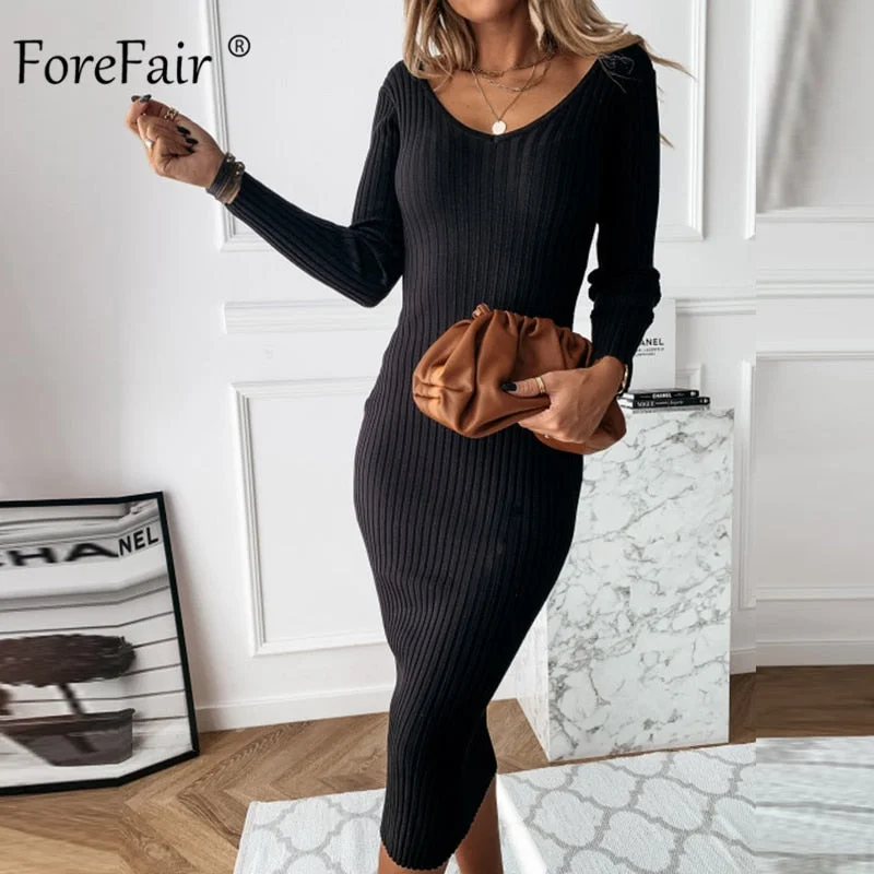 Forefair Long Sleeve Ribbed Knit Women Long Dress 2020 Elegant V Neck Slimming Stylish Solid Sexy Midi Party Dresses