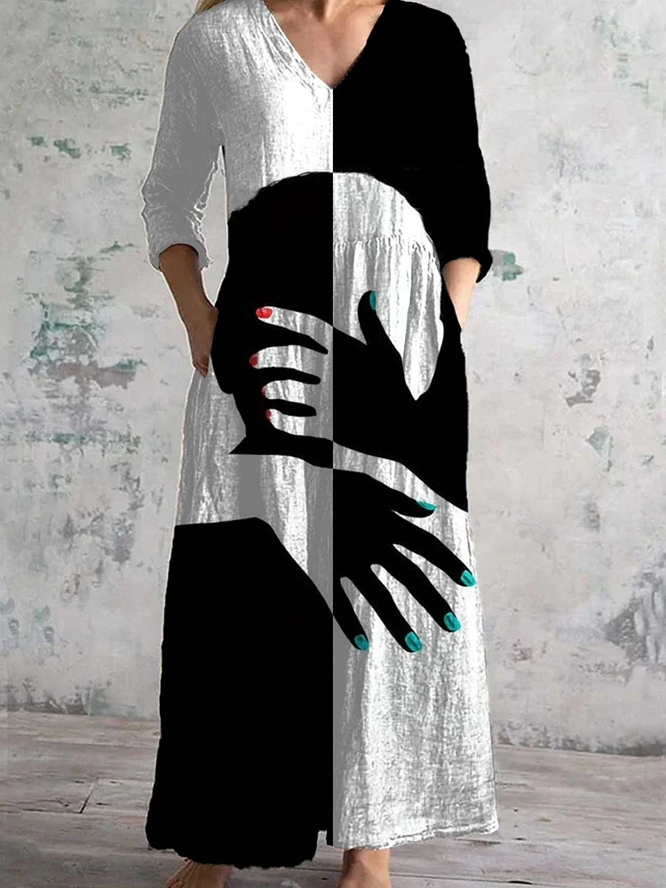 Retro Art Print Chic V Neck Three-Quarter Sleeve Elegant Midi Dress