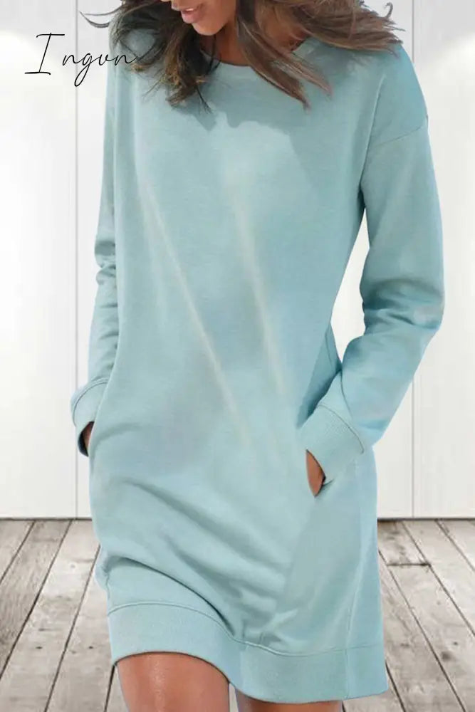 Ingvn - Casual Solid Color O Neck Long Sleeve Dresses(6 Colors) Light Blue / S Dresses/Long Dresses
