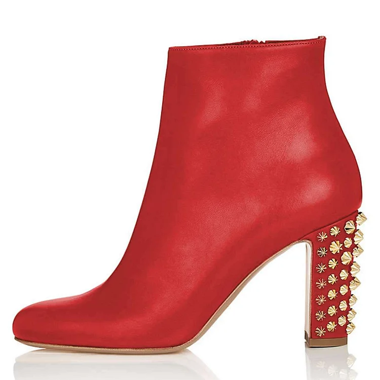 Red Round Toe Studs Chunky Heel Boots Ankle Boots |FSJ Shoes