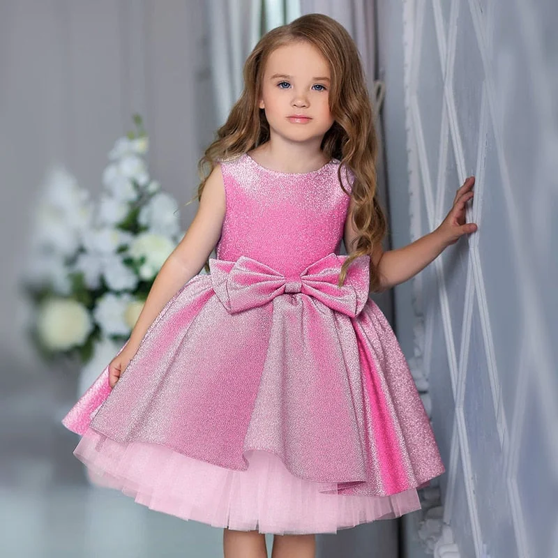 Kids Formal Prom Shiny Girls Dresses for Weddings Bow Mesh Christmas Princess Costume Girl Birthday Party Gown 4-10 Year vestido