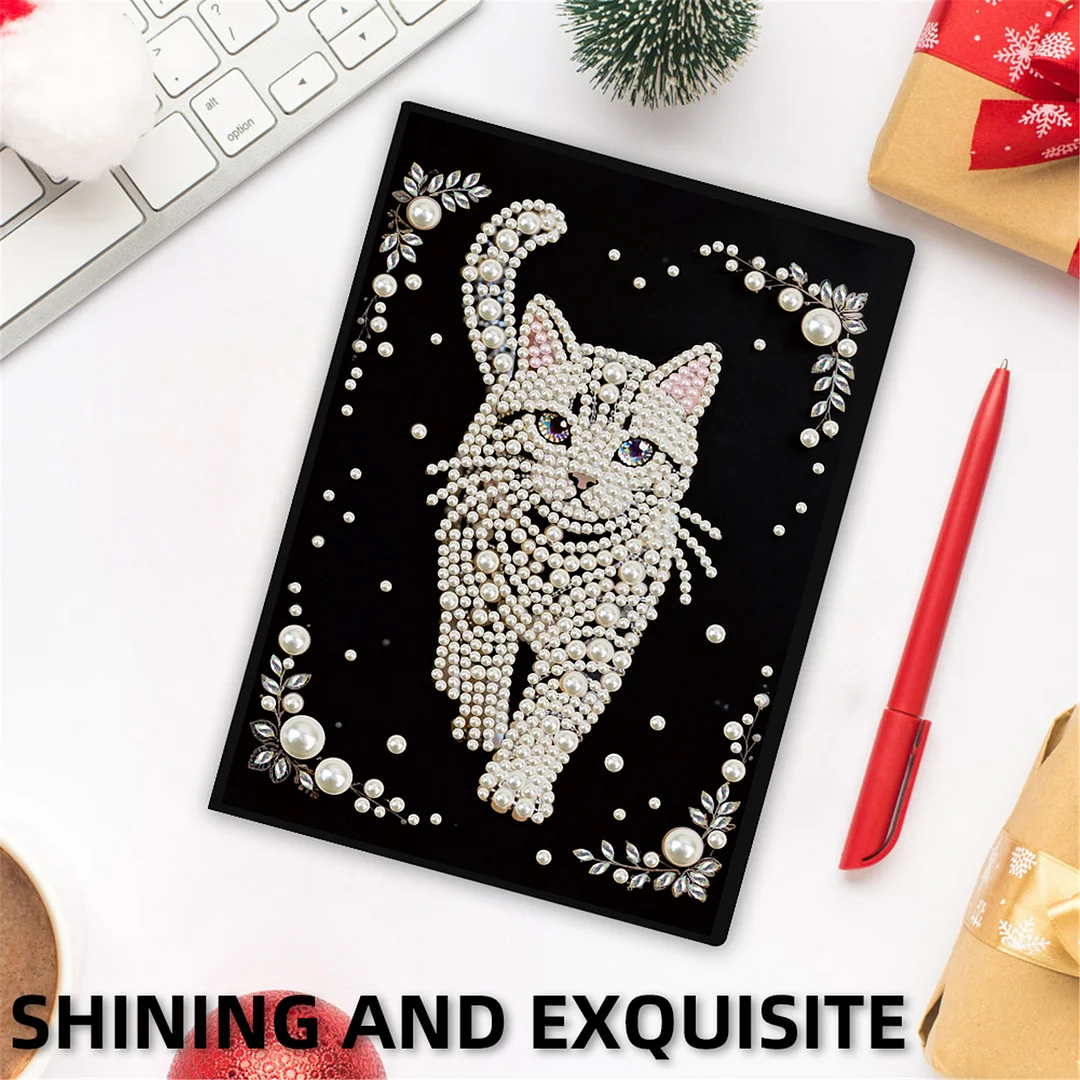 Cat Partial Pearl DIY 50 Pages A5 Diamond Painting Notebook Special Shaped Diamond Art Diary Book Kits Wireless Strip 5D Crystal Art Paintings Sketchbook for Art Drawing