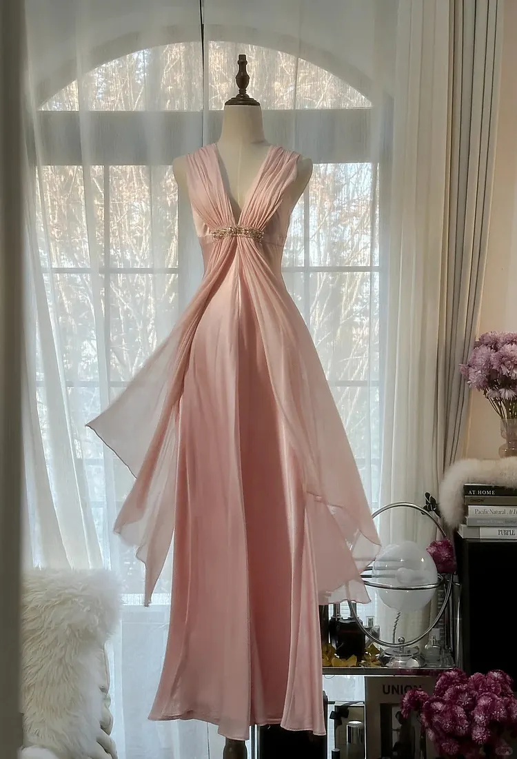 Pink Elegant Exquisite Rhinestone Long Satin Chiffon Ball Gown Evening Dress Party Dress Birthday Dress Date Dress
