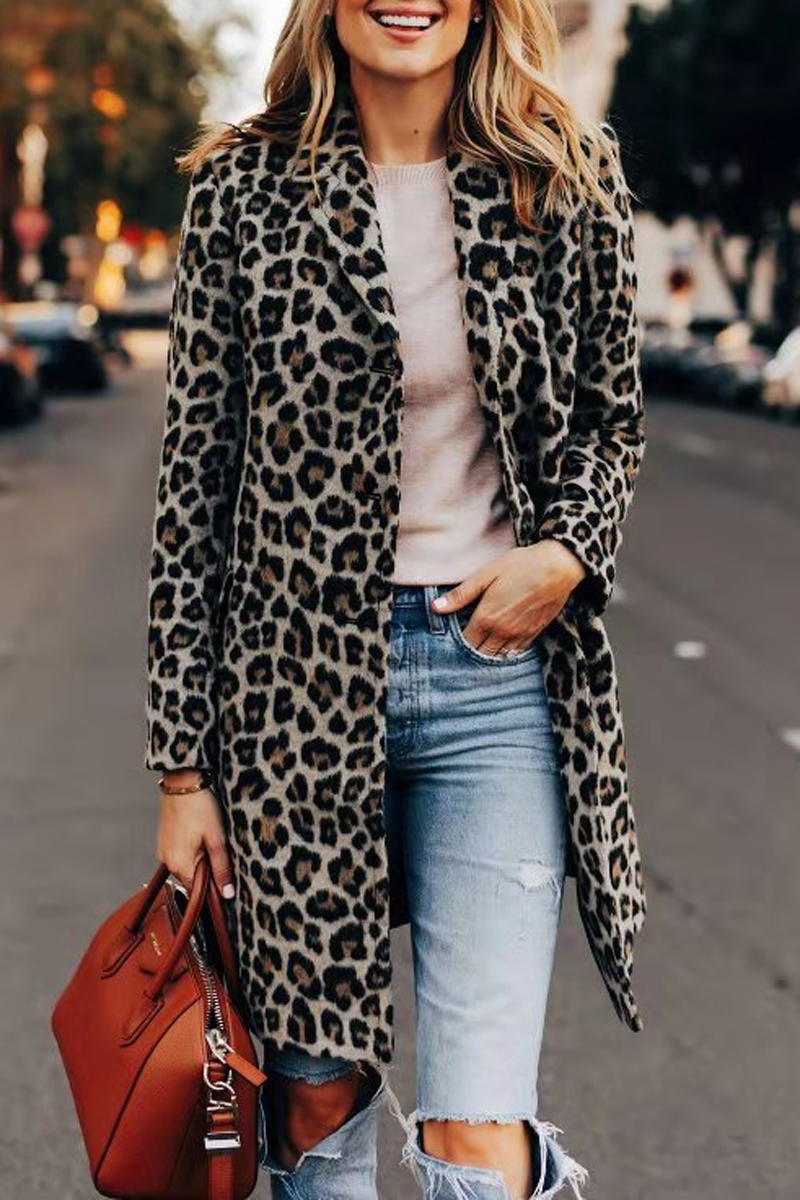 Thigh-Length Leopard Slim Coat
