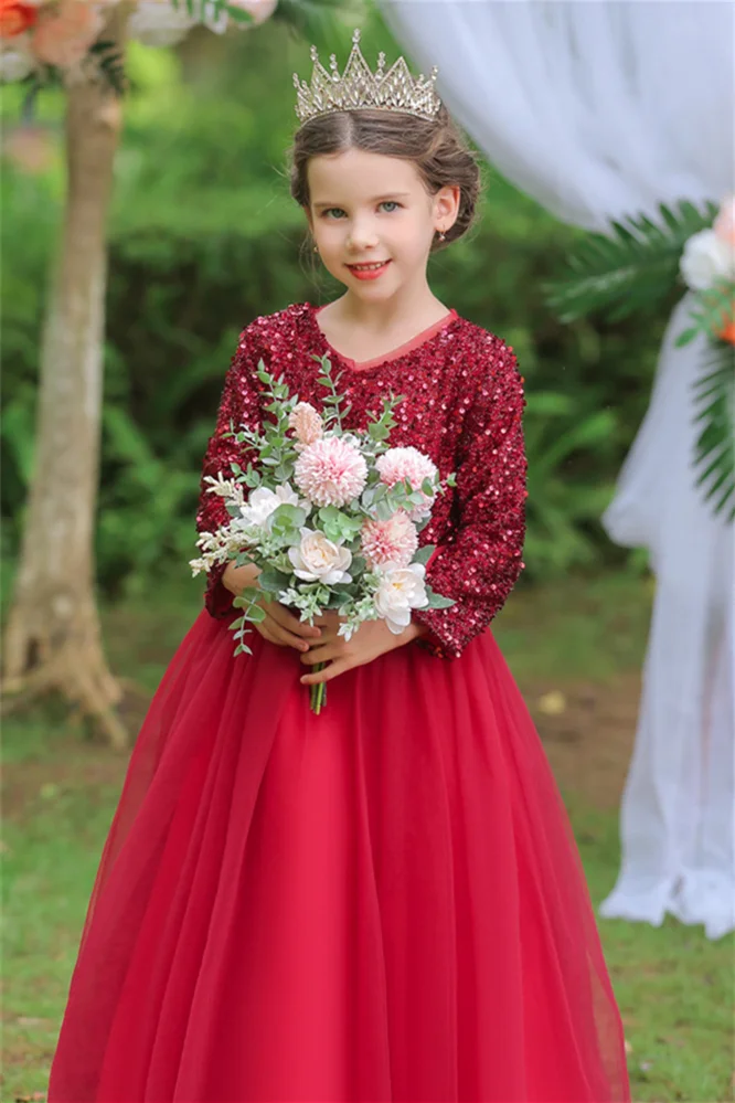 Bellasprom Long Sleeves Sequins Flower Girl Dress Tulle