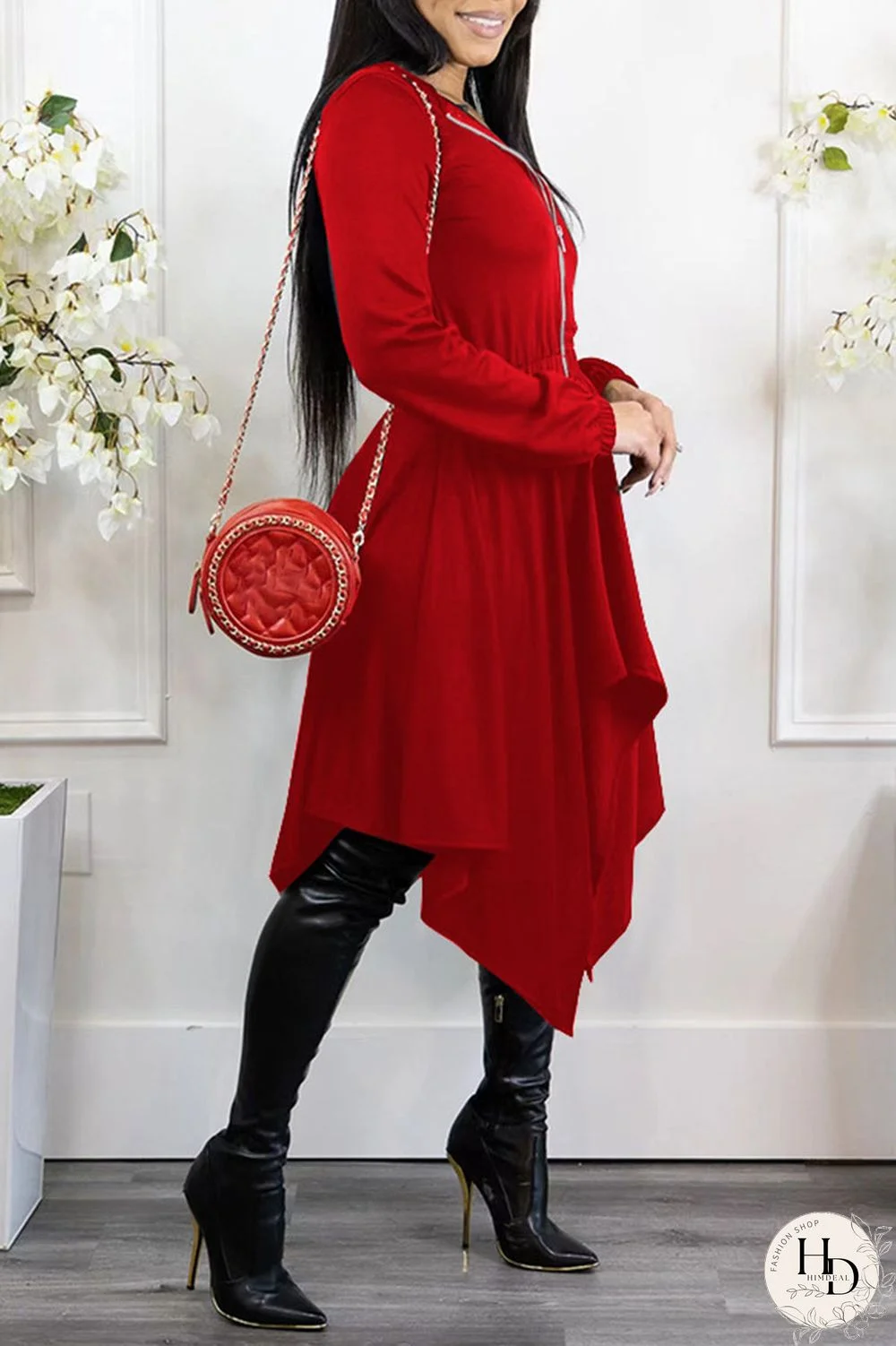 Black Casual Solid Split Joint Asymmetrical Zipper Hooded Collar Irregular Dress Dresses