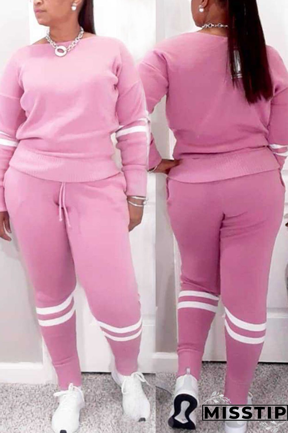 Pink Casual Sportswear Solid Patchwork O Neck Long Sleeve Two Pieces