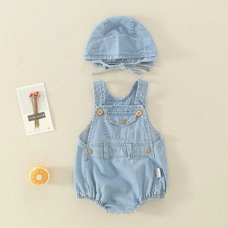 2pcs Baby Boy Denim Overalls & Hat Bodysuit Set