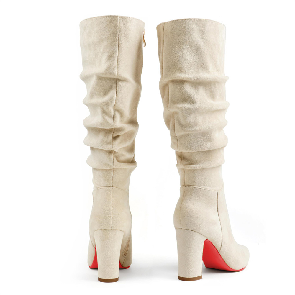 3.35" Women's Knee Red Bottom Boots Chunky Heels Zipper Fashion Sexy Suede Slouchy Boot-MERUMOTE