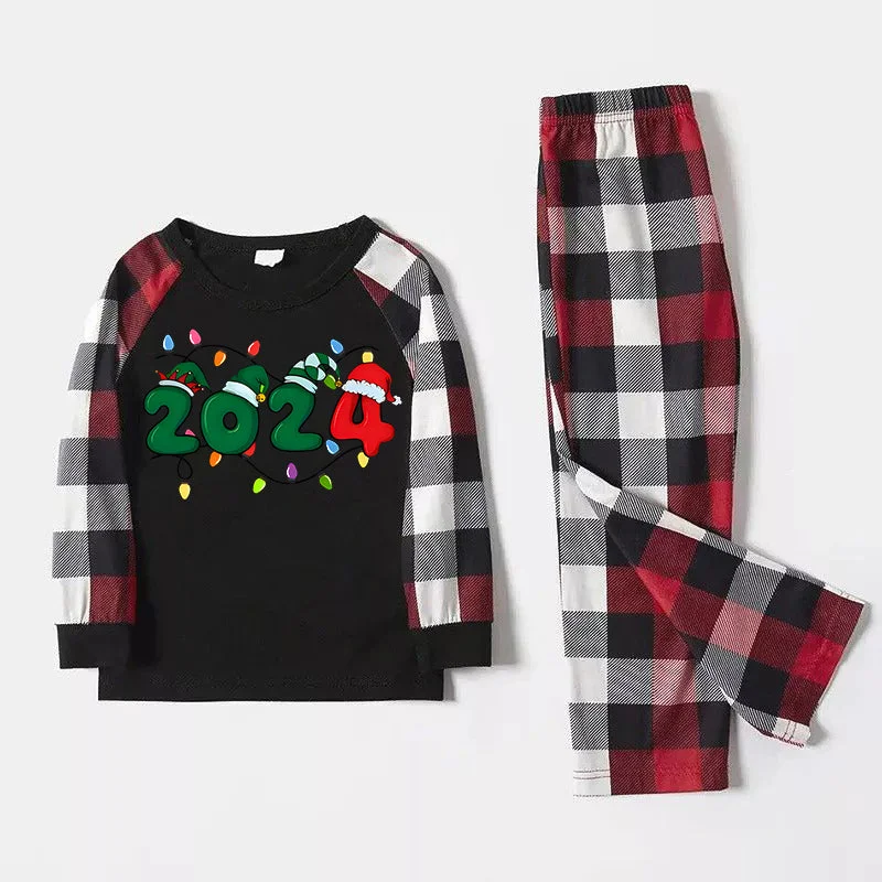 Christmas "2024" Letter Print Red & Black & Grey & White Plaid Family Matching Pajamas