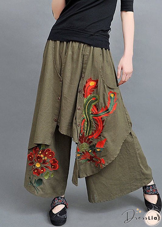 New Army Green Asymmetrical Embroidered Cotton Pants Skirt Spring